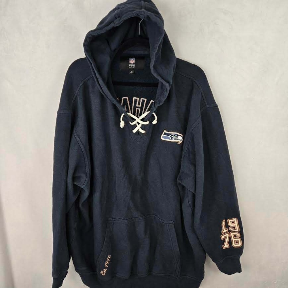NFL Pro Line Seattle Seahawks VTG Lace Up Hoodie Navy Mens XXL‎ 1976 Embroidered